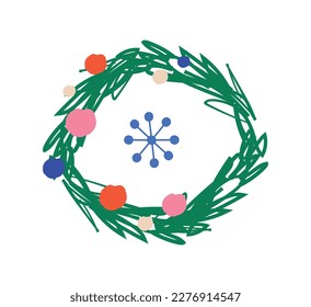 Christmas Scandi wreath. Branches decorated with colorful balls and garlands and snowflake inside. Decoration and symbol of New Year and Christmas. Cartoon flat vector illustration