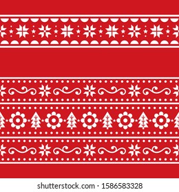 Christmas Scandinavain folk art vector repetitive seamless pattern set, Nordic festive two repetitive designs with snowflakes, flowers, Xmas trees. Retro repetitive cute floral Christmas background