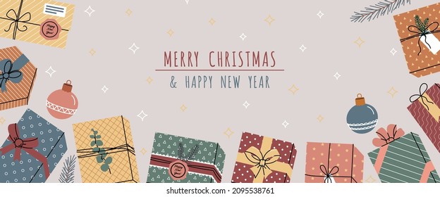 Christmas scandinavian banner with gifts. Xmas banner with Gift boxes, Christmas ball, green pine, stars. Horizontal christmas poster, greeting cards, headers website