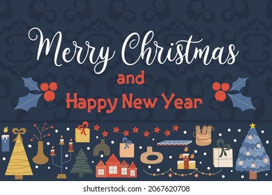 Christmas Scandinavian banner with text Merry Christmas and patterns on a dark background. Trees, houses, garlands for festive interior Vector illustration with holly and decor elements in flat style