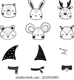 Christmas Scandinavian cute animals vector illustration for design, print, pattern, isolated on white background