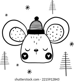 Christmas Scandinavian cute mouse vector illustration for design, print, pattern, isolated on white background