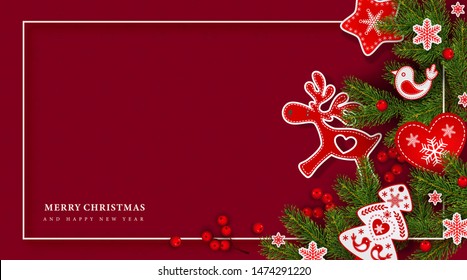 Christmas Scandinavian design. Festive background with Christmas tree branches, holly berries, deer, heart, bird, snowflakes and other decorations on red background. Vector illustration