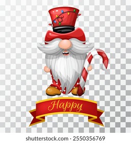 Christmas Scandinavian dwarf in top hat. Hand drawn illustration on transparent background. Hand drawing.  Vector illustration.