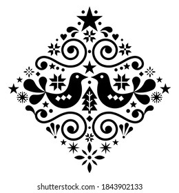 Christmas Scandinavian floral folk art vector design square or diamond shape, monochrome cute winter Nordic pattern with birds, Christmas tree and snowflakes. Retro Xmas ethnic decorative ornament 