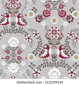 Christmas Scandinavian Folk Art Design collection set Seamless pattern with winter forest,bird. The Scandinavian style. Vector illustration on grey background.