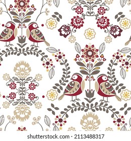 Christmas Scandinavian Folk Art Design collection set Seamless pattern with winter forest,bird. The Scandinavian style. Vector illustration on white background.