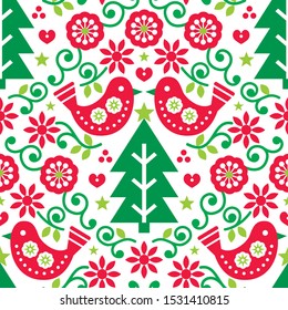 Christmas Scandinavian folk art seamless vector pattern with birds and flowers in red and green, festive Nordic fabric, textile design. Xmas folk repetitive design with Christmas tree, traditional 