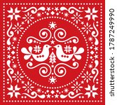 Christmas Scandinavian folk art vector greeting card pattern, sqaure floral decoration with Christmas trees, birds and flowers. Retro cute floral Xmas design inspired by Nordic holiday decorations