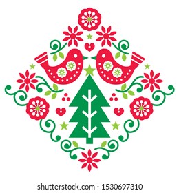 Christmas Scandinavian folk art vector pattern with birds and flowers in red and green, festive Nordic greeting card. Xmas folk design with Christmas tree, traditional merry deocor, Nordic design