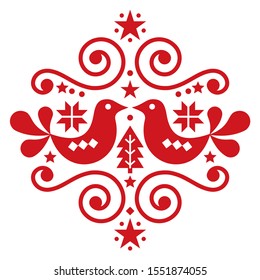 Christmas Scandinavian folk art vector pattern, cute floral greeting card design with Christmas trees, birds and flowers. Retro cute floral Christmas design inspired by Nordic holiday decorations 