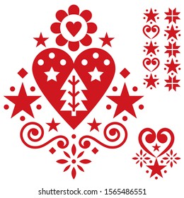 Christmas Scandinavian folk art vector design set - single patterns collection with hearts, flowers, snowflakes and Christmas trees. Retro winter cute festive graphic elements, Nordic white ornament 