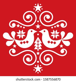 Christmas Scandinavian folk art vector pattern, cute floral greeting card design with Christmas trees, birds and flowers. Retro cute floral Christmas design inspired by Nordic holiday decorations 