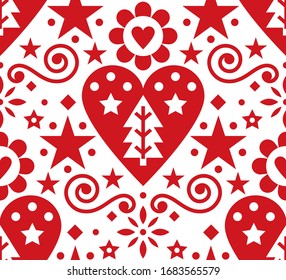 Christmas Scandinavian folk art vector seamless pattern - repetetitive design with hearts, flowers, snowflakes and Christmas trees
