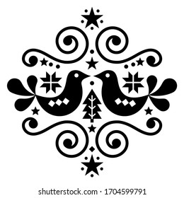 Christmas Scandinavian folk art vector pattern, cute floral greeting card design with Christmas trees, birds and flowers, retro cute floral Christmas design inspired by Nordic holiday decorations in 