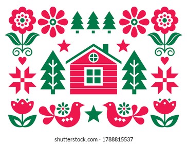 Christmas Scandinavian folk art vector greeting card design in red and green in 5x7 format with Christmas trees, birds, flowers and Finnish house. 
Nordic Xmas festive background with floral elements