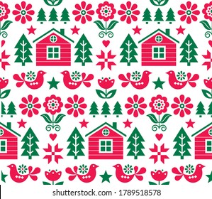 Christmas Scandinavian folk art vector seamless pattern in red and green with Christmas trees, birds, flowers and Finnish house. Nordic Xmas festive textile or wallpaper background with floral element