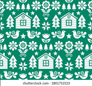 Christmas Scandinavian folk art vector seamless pattern in white on green with Christmas trees, birds, flowers and Finnish house. Nordic Xmas festive textile or wallpaper background