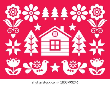 Christmas Scandinavian folk art vector greeting card design in white on red background in 5x7 format with Christmas trees, birds, flowers and Finnish house. 
Nordic Xmas festive background with floral