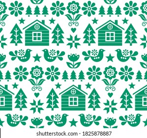 Christmas Scandinavian folk art vector seamless pattern in green on white with Christmas trees, birds, flowers and Finnish house. Nordic Xmas festive textile or wallpaper background with floral elemen