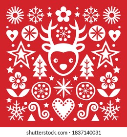 Christmas Scandinavian folk art vector white on red greeting card design, cute festive pattern with reindeer, snowflakes, hearts, stars, Christmas trees and flowers. Traditional Nordic Xmas design