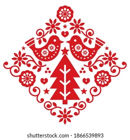 Christmas Scandinavian folk art vector greeting card pattern with birds and flowers in red, festive Nordic design. Xmas decoration with Christmas tree, traditional Nordic floral design on white 