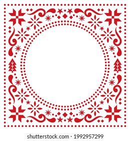 Christmas Scandinavian folk art vector greeting card border or frame pattern, red greeting card with Christmas trees, snowflakes, flowers and stars. Square Xmas design inspired by Nordic art