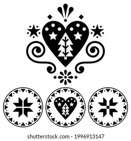 Christmas Scandinavian folk art vector design  - black and white single patterns collection with hearts, flowers, snowflakes and Christmas trees. Retro winter cute festive graphic elements