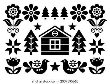 Christmas Scandinavian folk art vector greeting card design in 5x7 format with Christmas trees, birds, flowers and Finnish house - black and white. Nordic Xmas festive background with floral elements