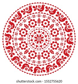 Christmas Scandinavian folk vector design mandala- winter round festive pattern, cute floral ornament with birds and snowflakes in red on white background. Nordic Xmas retro circle floral design 