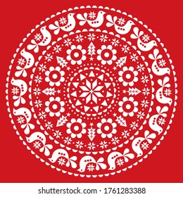 Christmas Scandinavian folk vector design mandala- winter round festive pattern, cute floral ornament with birds and snowflakes in white on red background. Nordic Xmas retro cute floral design 