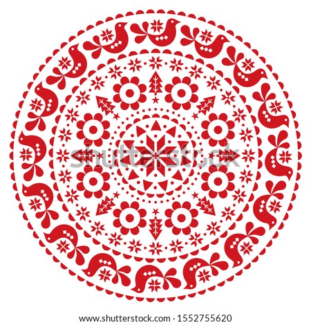 Christmas Scandinavian folk vector design mandala- winter round festive pattern, cute floral ornament with birds and snowflakes in red on white background. Nordic Xmas retro circle floral design 
