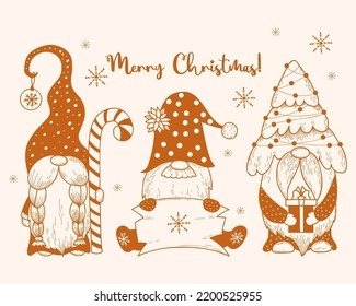 Weihnachtsskandinavische Zwerge. New Years Gnome mit Weihnachtsbaum und Garland, Bälle, Karamellstab und Zeichenbrett. Vektorgrafik. Einzelne Handzeichnungen für Weihnachts- und Neujahrsdesign, Dekoration, Karten