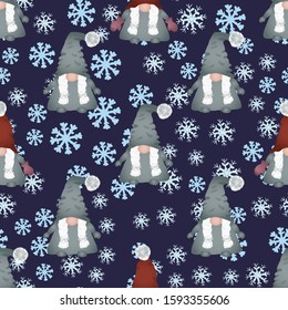 Christmas scandinavian gnomes seamless pattern on blue. Winter scene with snowflakes and dwarf or elf fairy tale characters. Wallpaper, textile, wrapping paper design. Vector illustration.