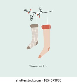 Christmas Scandinavian greeting card, invitation. Checkered knitted Santas socks hanging on  fir tree branch with berries. Minimal retro design. Vector illustration background.Warm wishes text.