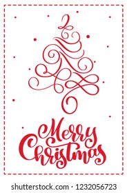 Christmas scandinavian greeting card with merry Christmas calligraphy lettering text. Hand drawn vector illustration of vintage Christmas tree. Isolated objects.