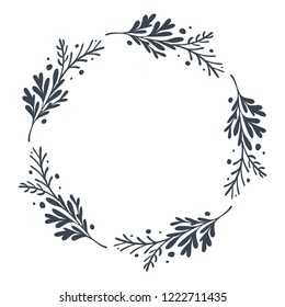 Christmas scandinavian Hand Drawn Vector floral wreath with place for your text. Isolated on white background for retro design flourish