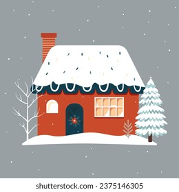 Christmas scandinavian house and trees. Cute scandi winter home. Trendy childish vector house. Christmas card