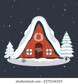 Christmas scandinavian house and trees. Cute scandi winter home. Trendy childish vector house. Christmas card