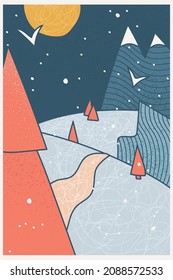 Christmas scandinavian landscape. Hand drawn winter mountains, xmas trees, snow, moon, road. Night mountainscape. Cute childish style. Wall art. Festive postcard. Vector illustration