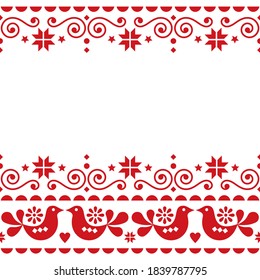 Christmas Scandinavian merry vector greeting card design - cute traditional embroidery folk art style pattern with Christmas trees, hearts and swirls

Xmas floral and abstract seamless ornament in red