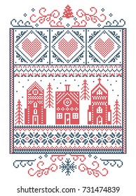 Christmas Scandinavian, Nordic style winter stitching, pattern including snowflake, heart, winter wonderland village, gingerbread house, church, Christmas tree, snow in red, blue in rectangle frame
