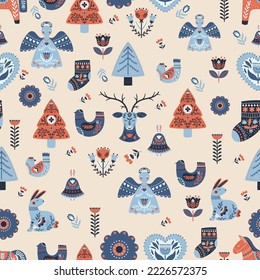 Christmas Scandinavian Pattern with Angel, Tree, Reindeer and Rabbit, Horse, Bird, Flowers and Hearts Repeated Background with Cute Xmas Folk Style Decor and Elements. Cartoon Vector Illustration