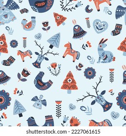 Christmas Scandinavian Pattern, Repeated Background with Cute Xmas Decor and Items. Angel, Tree, Reindeer and Rabbit, Horse, Bird, Flowers and Hearts Folk Style Decor. Cartoon Vector Illustration