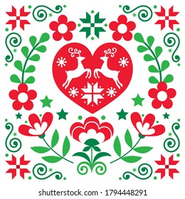 Diseño de tarjetas de felicitación roja vectorial de reno escandinavo de Navidad, fondo festivo de estilo de arte folclórico en rojo y verde. Navidad nórdica tradicional con corazones, flores, copos de nieve y ciervos
