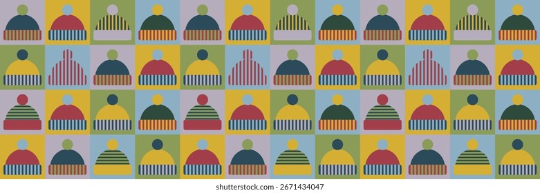 Navidades, patrón retro escandinavo con sombreros de invierno. Fondo inconsútil del año Nuevo en forma de una colcha de retazos con cuadrados. Diseño de vacaciones de Vector para papel de regalo, Anuncios y volantes.