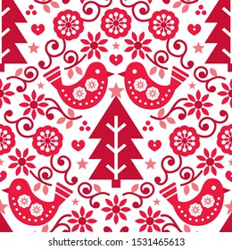 Christmas Scandinavian seamless vector pattern with birds and flowers in red, folk art Nordic fabric, textile design. Xmas folk repetitive design with Christmas tree, traditional merry deocor, Nordic 