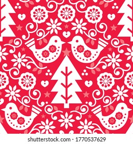 Christmas Scandinavian seamless vector pattern with birds and flowers in white on red, folk art Nordic fabric, textile design. Xmas folk repetitive design with Christmas tree,  traditional merry 