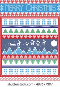 Christmas Scandinavian style card , inspired by Norwegian Christmas festive winter seamless pattern in cross stitch with Xmas trees, snowflakes, reindeer,  mountain,  sleigh, moon, sky , gifts, stars
