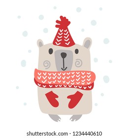 Christmas scandinavian style design. Hand drawn vector illustration of a cute funny winter bear in a muffler, going for a walk. Isolated objects on white background. Concept 